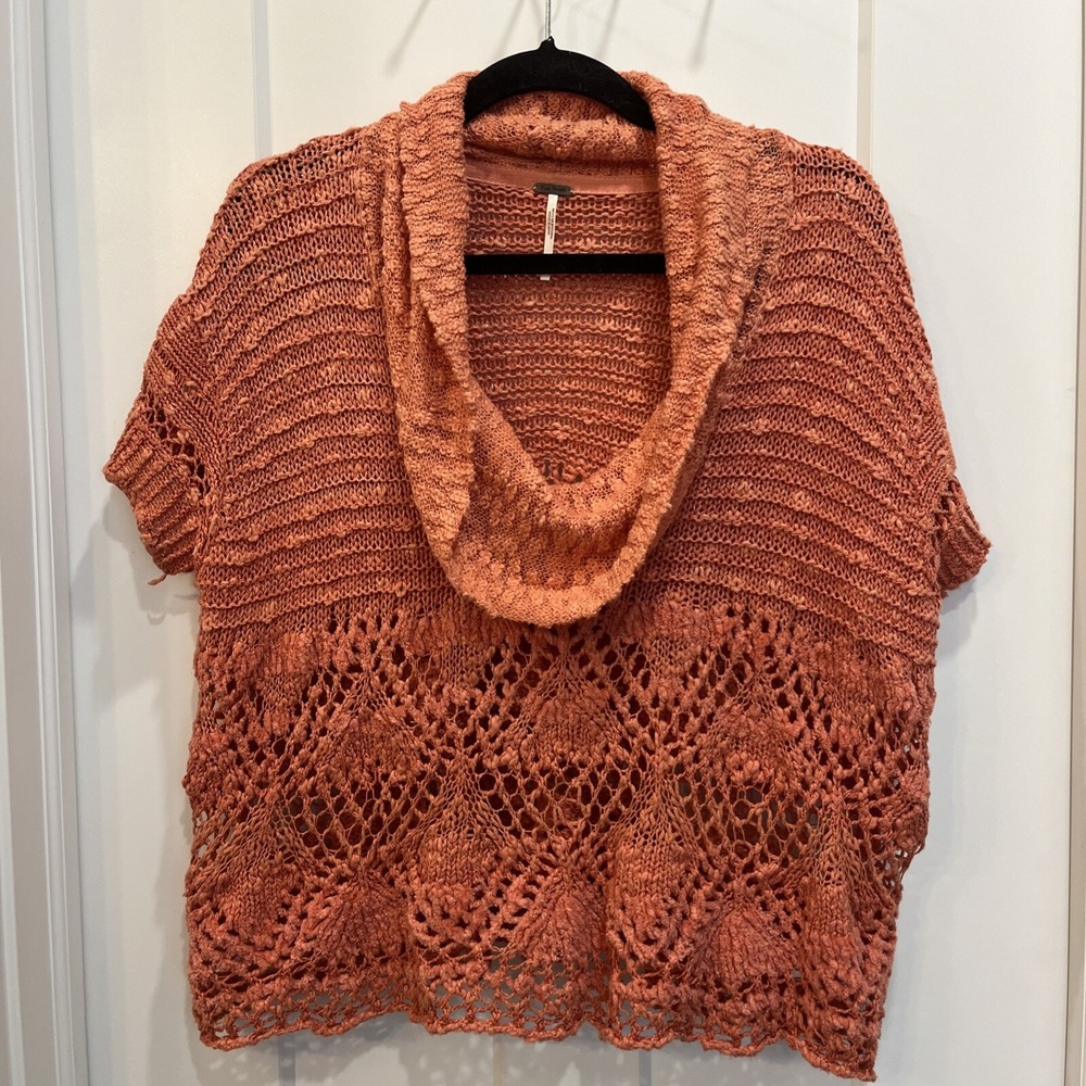 Free People Women's Eternal Delight Coral Cowl Neck Crochet Sweater Size Medium